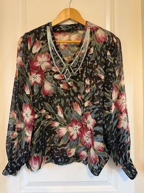 VTG Madame Hanai Yukiko japanese Blouse floral sheer embellished estimated small